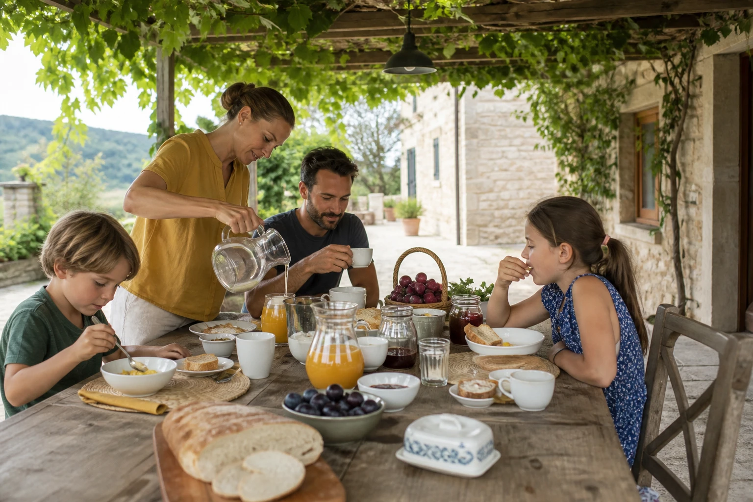 Famiglia a colazione sotto il pergolato