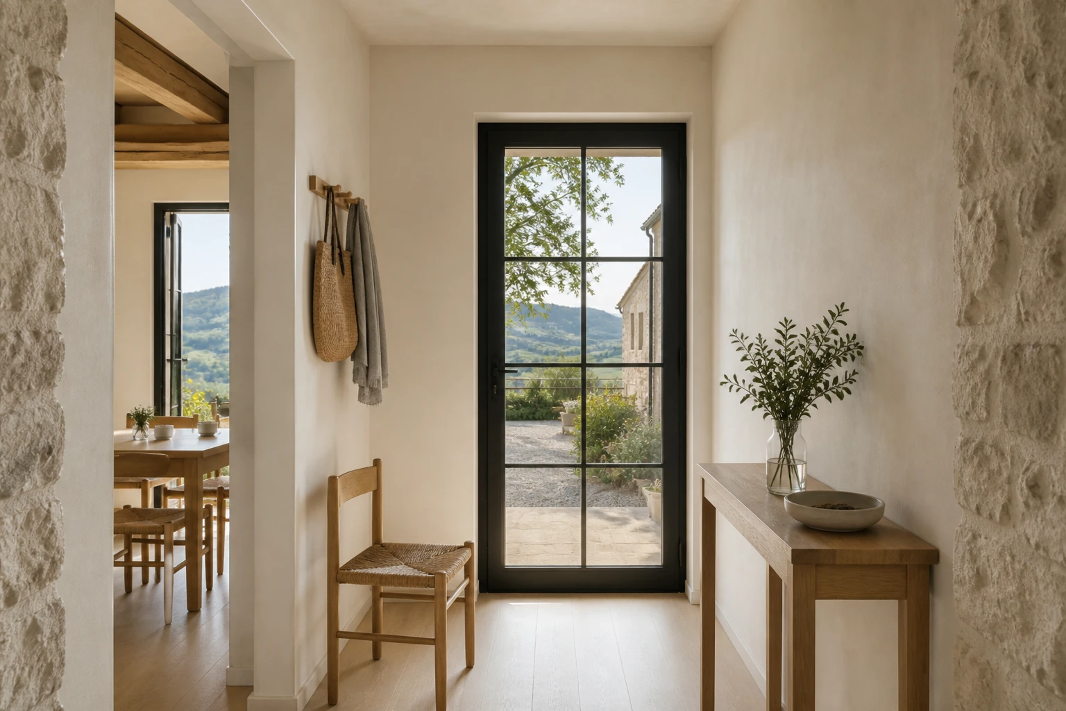 Ingresso comune di Casa Lieve con pietra, legno e infissi antracite