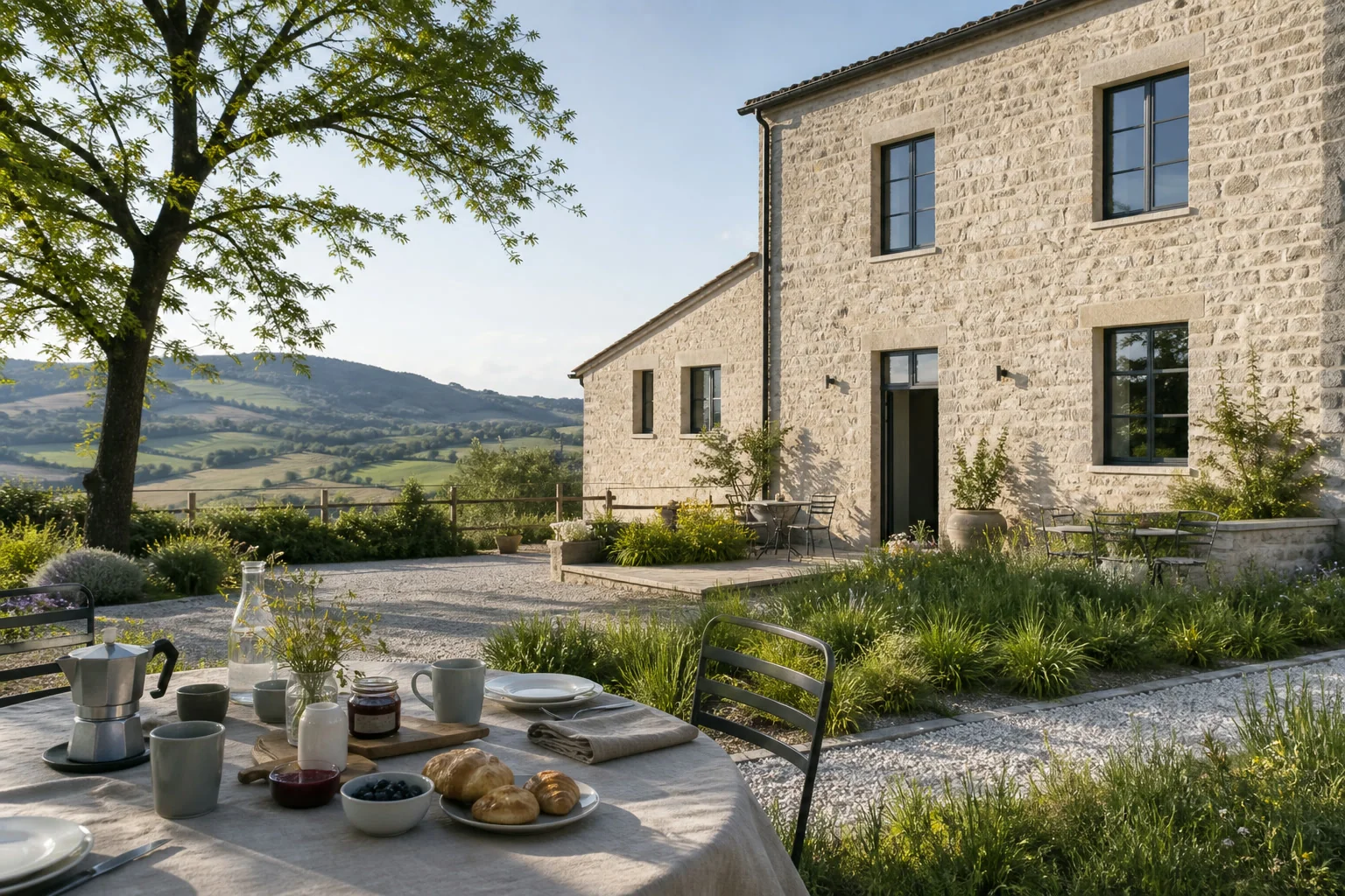 Casa Lieve, edificio in pietra e tavolo nella corte