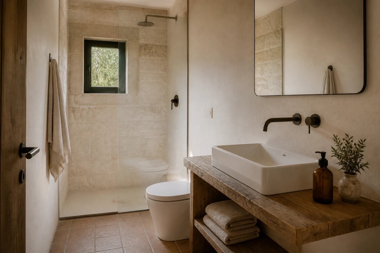 Bagno privato in pietra con doccia e lavabo