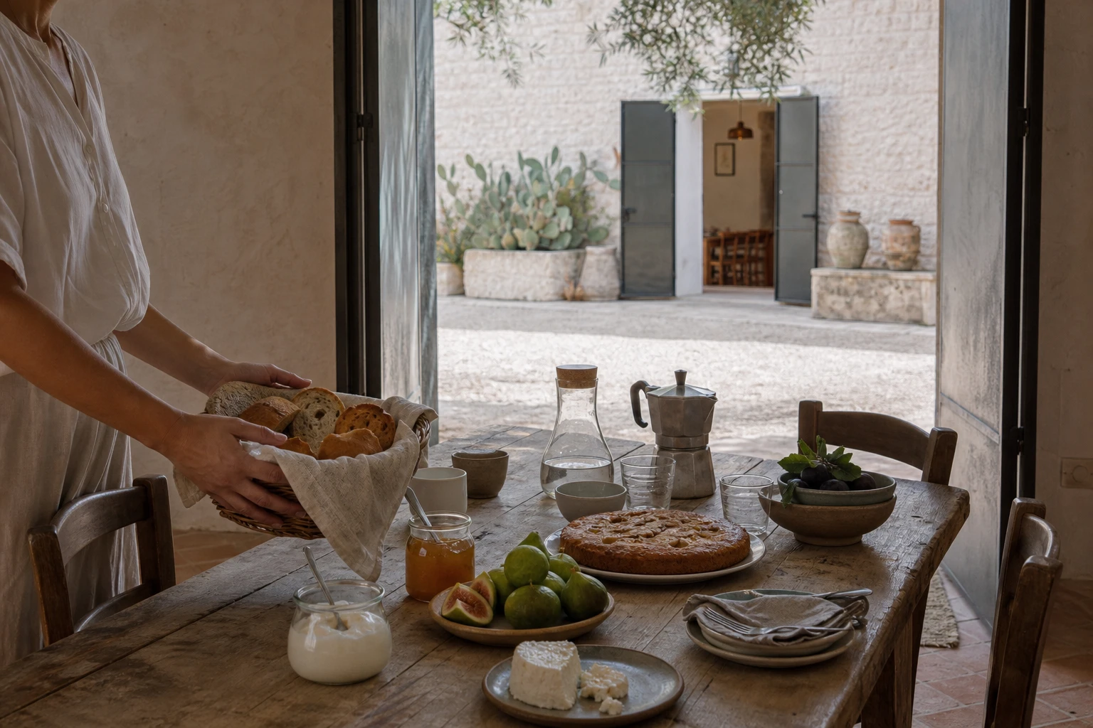 Pane, ricotta, torta, confetture e fichi della colazione