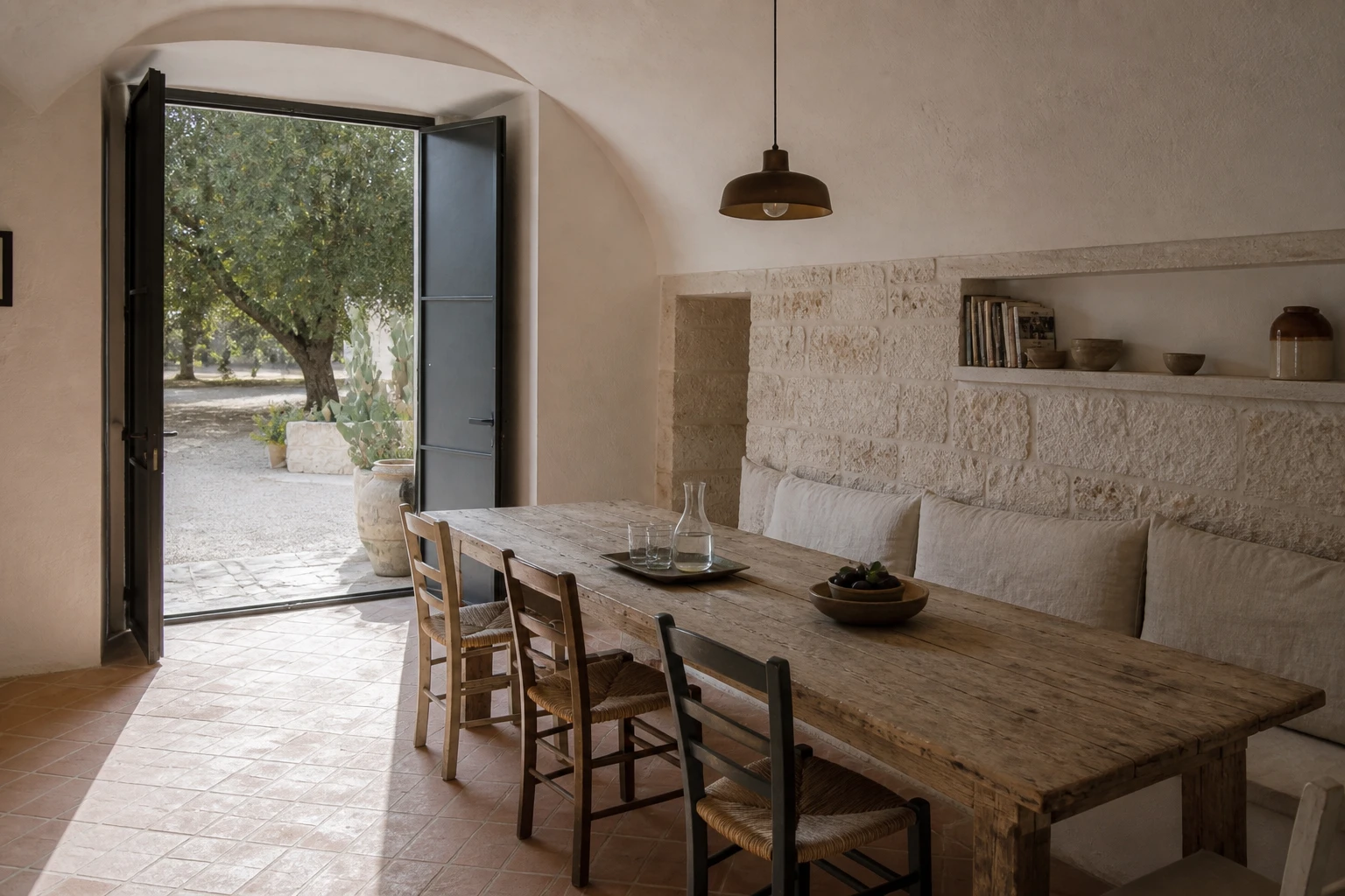 Sala comune della masseria con grande tavolo in legno