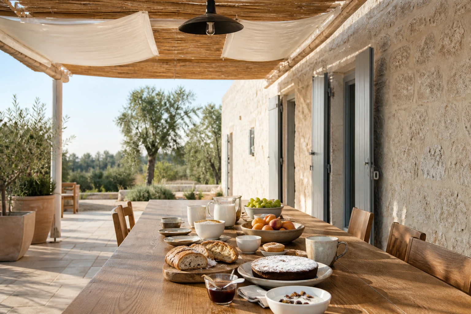 Colazione con pane, torta e frutta sotto il pergolato