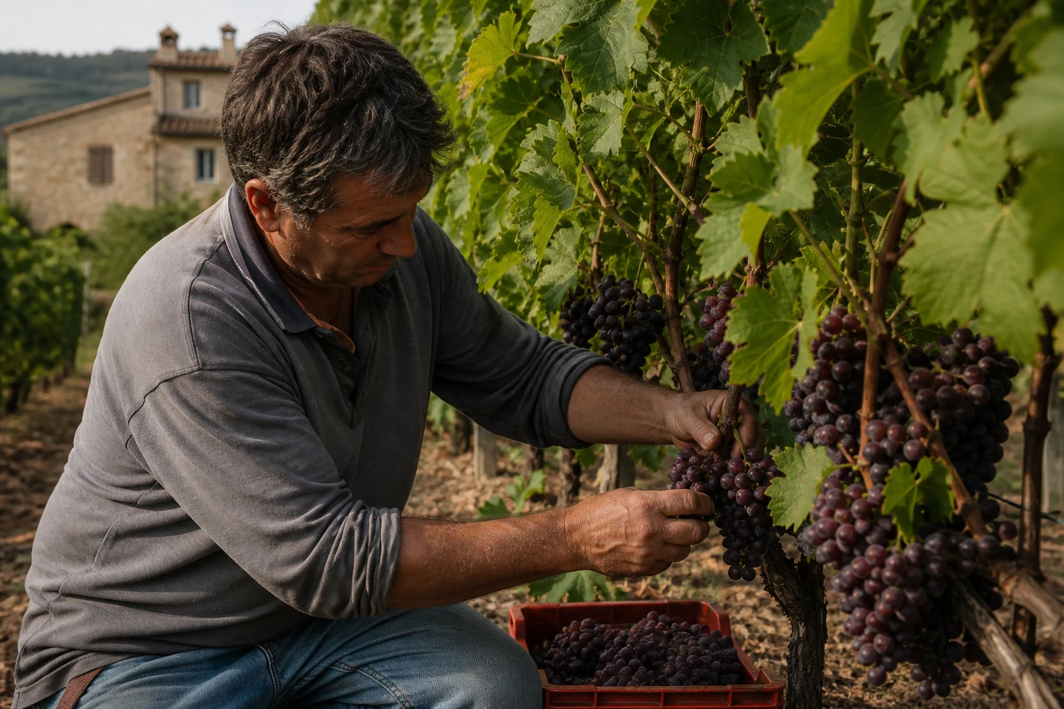 Cassette di uva durante la vendemmia