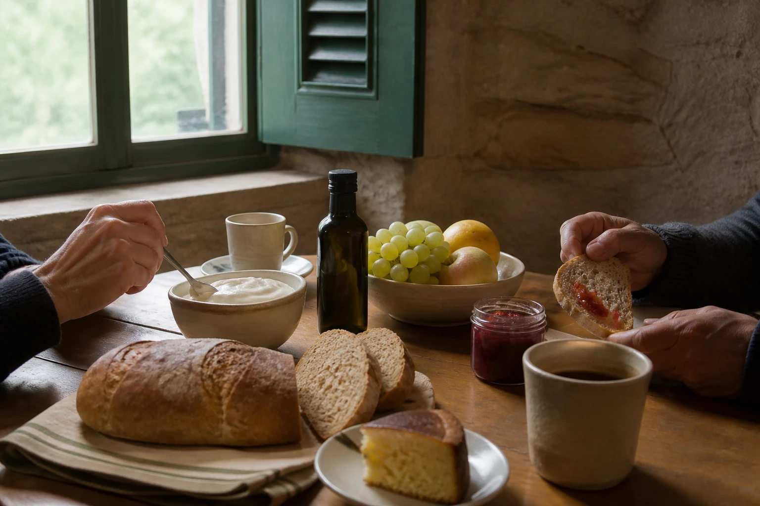 Colazione con pane, torta all'olio, yogurt e frutta