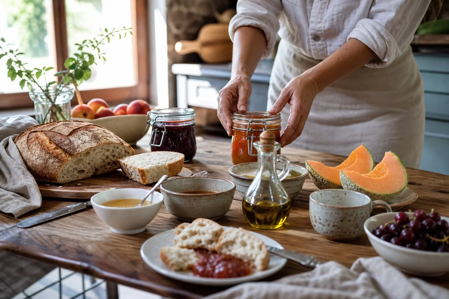 Colazione dell'agriturismo con pane, conserve, frutta e olio dell'azienda