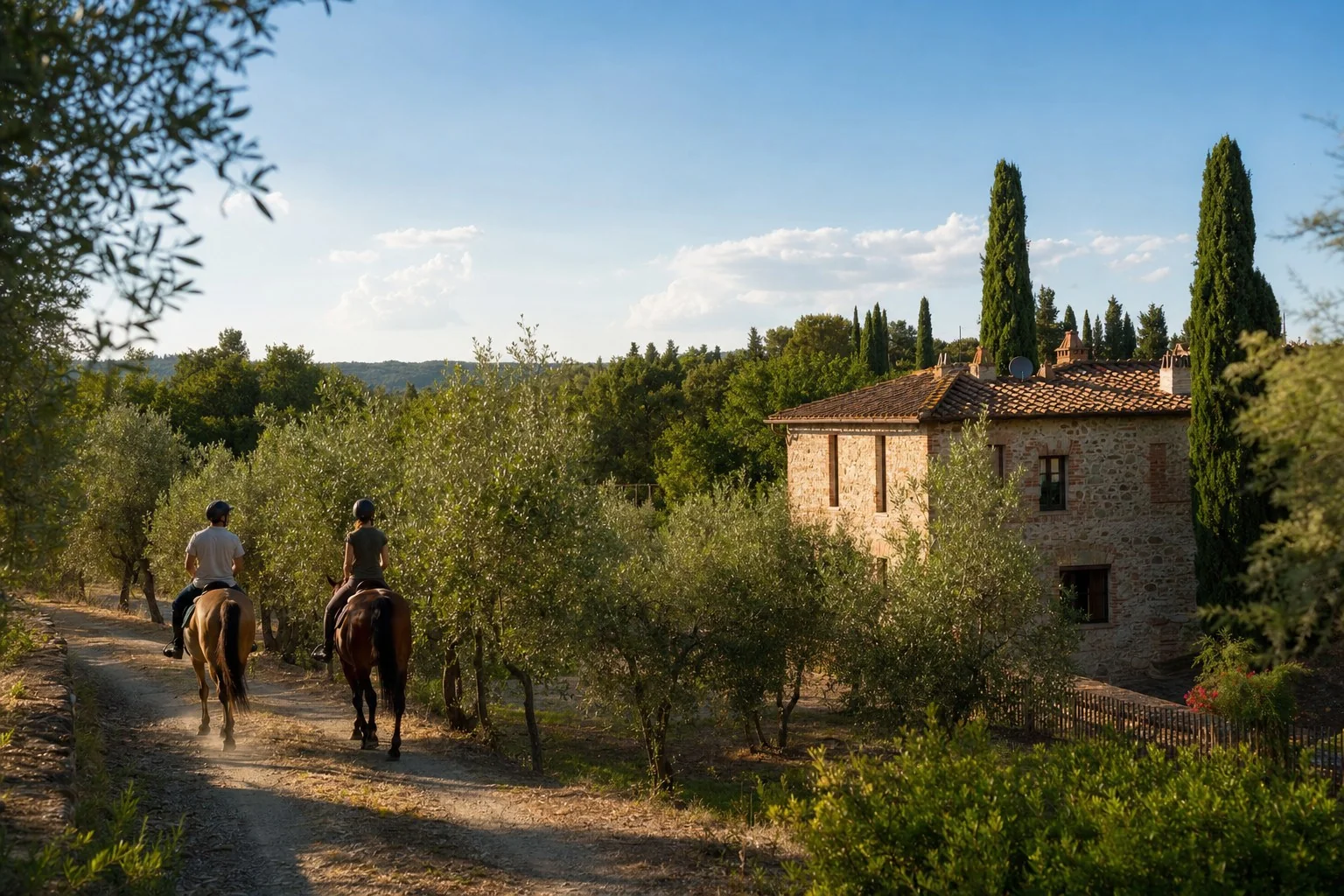 Ospiti a cavallo lungo un sentiero tra gli ulivi vicino al casale