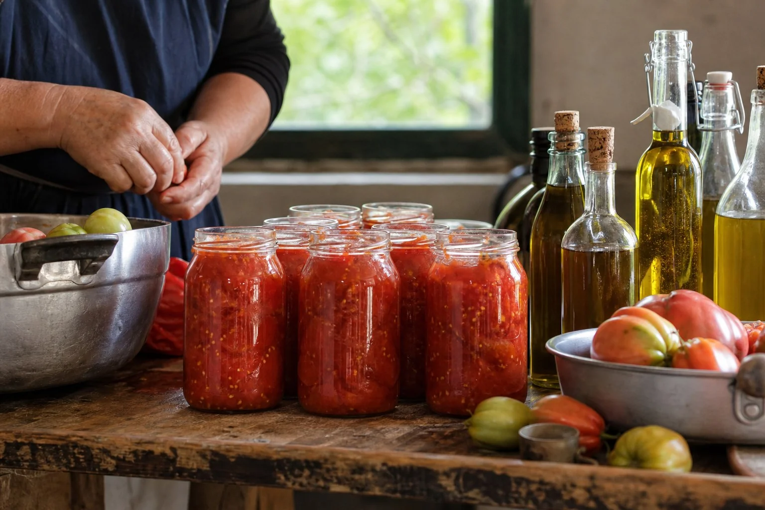 Preparazione artigianale di conserve di pomodoro nell'azienda agricola