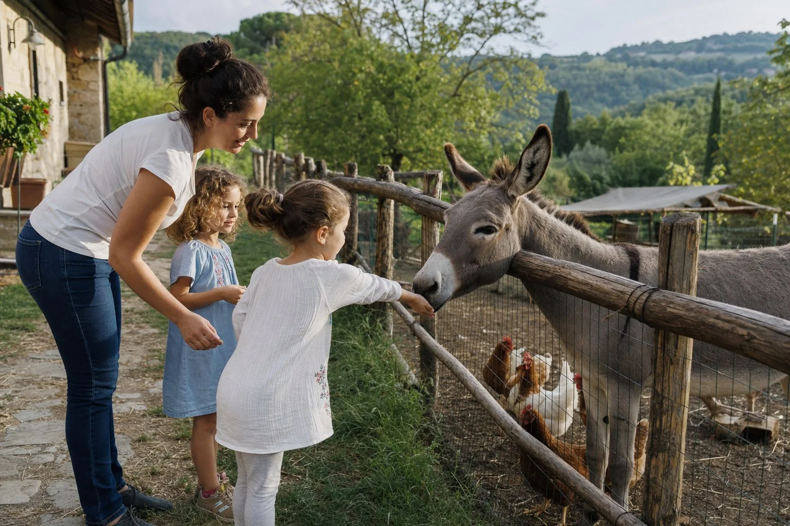 Famiglia durante la visita guidata agli animali della fattoria