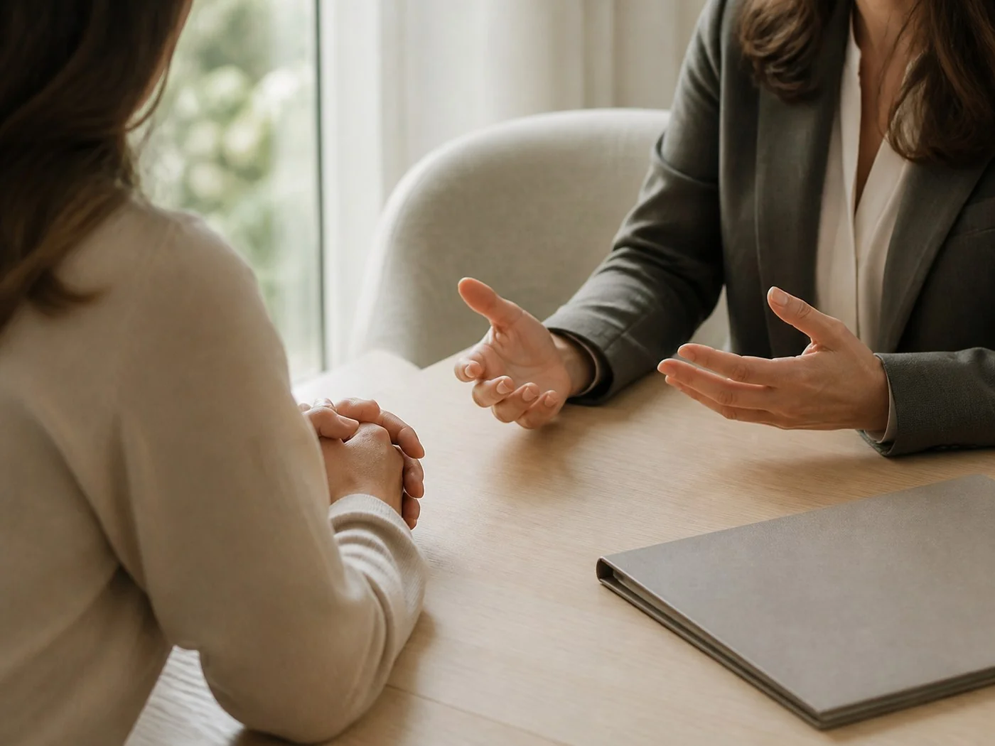 Dettaglio dei gesti durante un colloquio tra avvocata e cliente