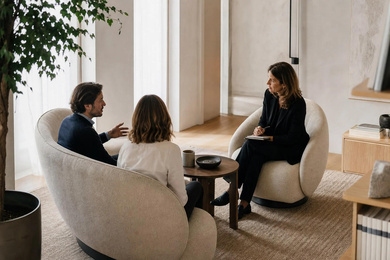 Avvocata ascolta due clienti in un ambiente riservato dello studio