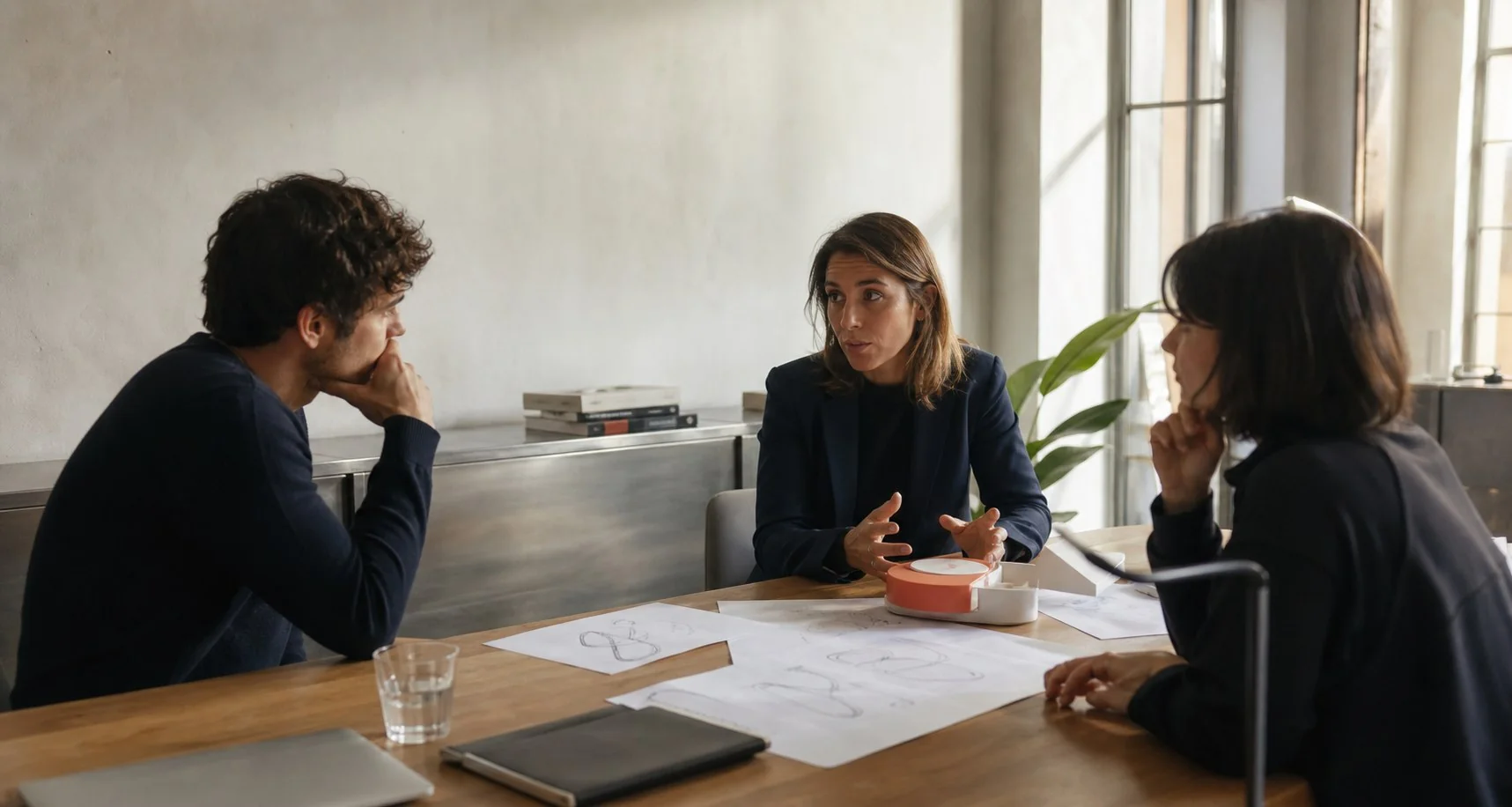 Avvocata dialoga con due fondatori durante lo sviluppo di un nuovo prodotto