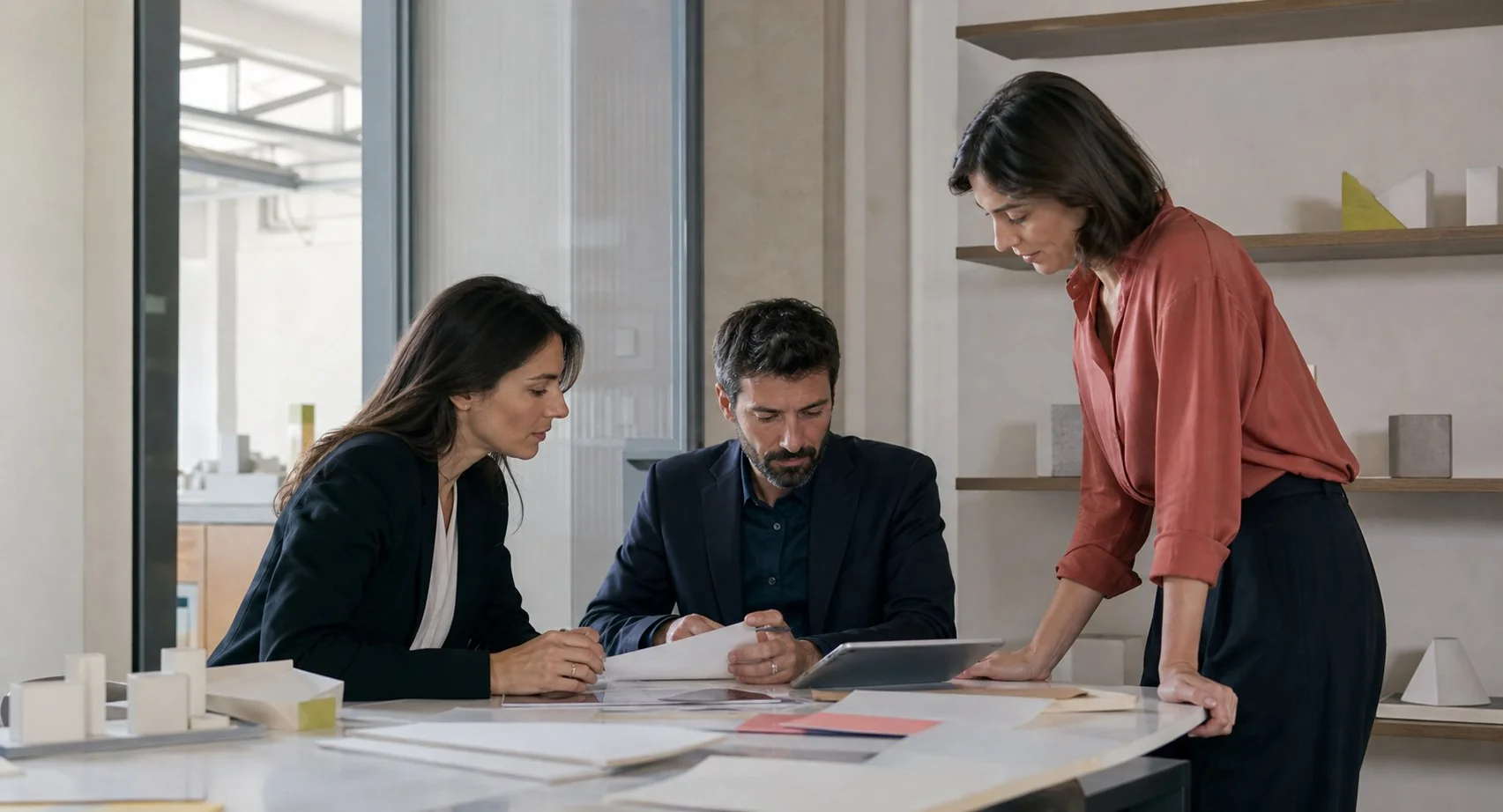Team legale riunito intorno a materiali di un progetto innovativo