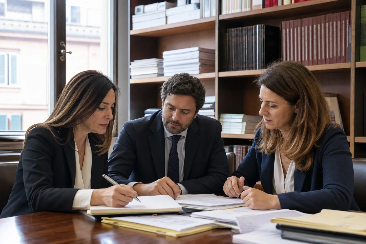 Tre professionisti riuniti intorno a un tavolo con documenti non leggibili