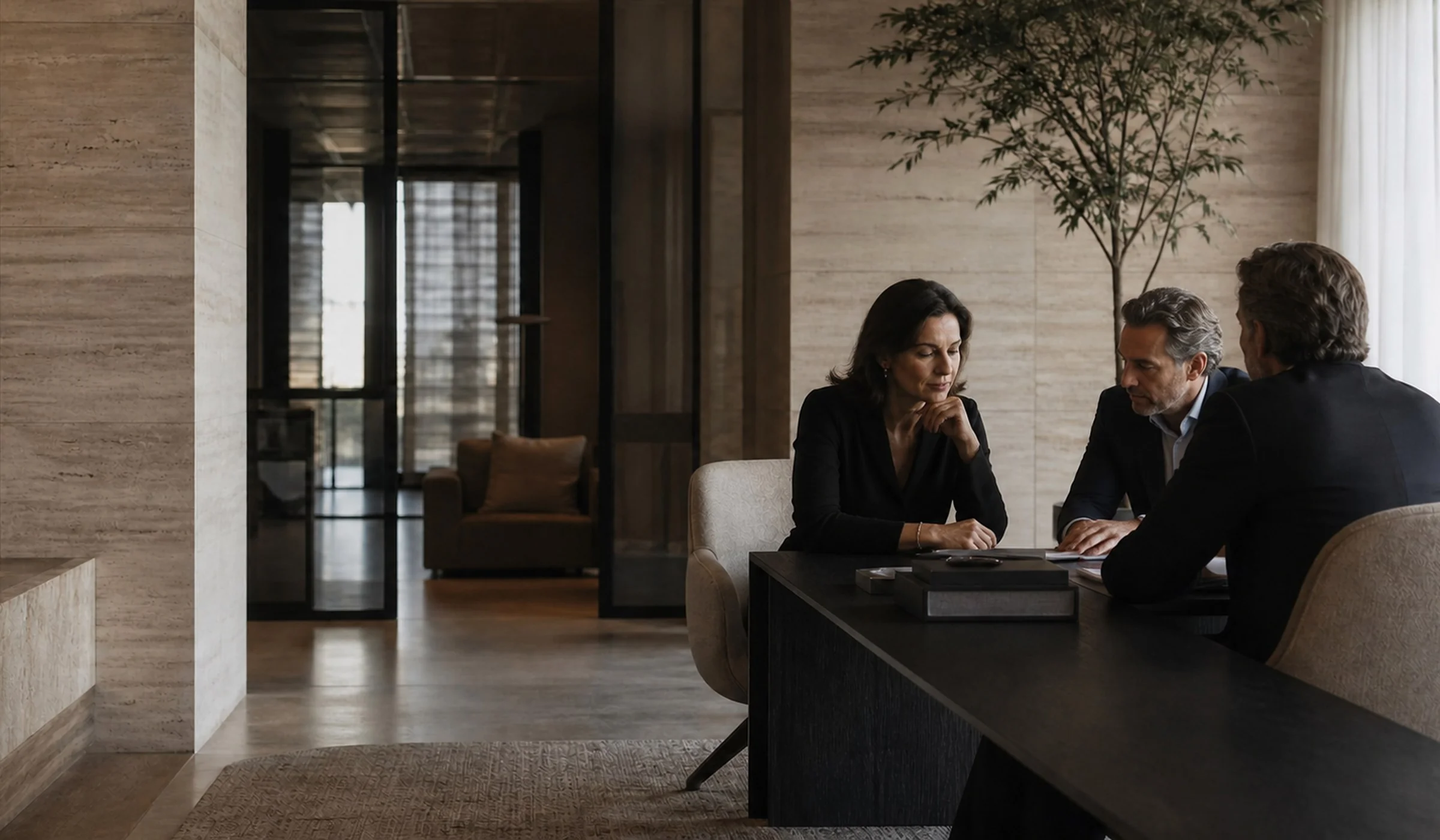 Team di una boutique legale durante una consulenza riservata