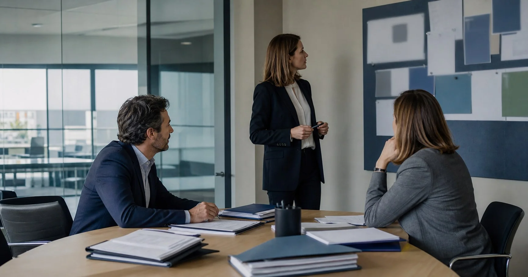 Professionisti tributari coordinano una pratica con la responsabile finanziaria di un'impresa