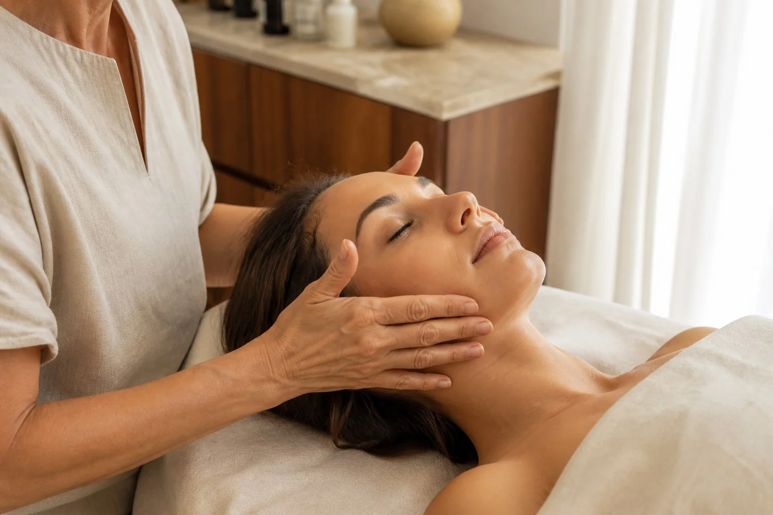 Professionista prepara con delicatezza il viso di una cliente