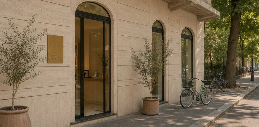 Ingresso esterno di Aura Studio affacciato sulla strada alberata