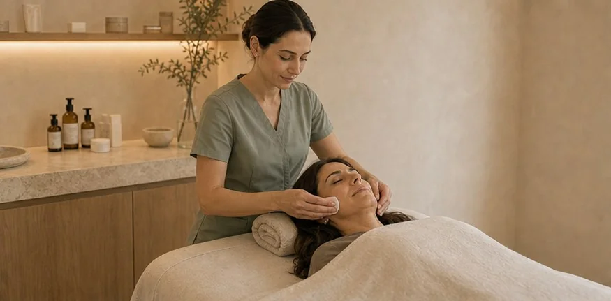 Trattamento viso eseguito in una cabina luminosa