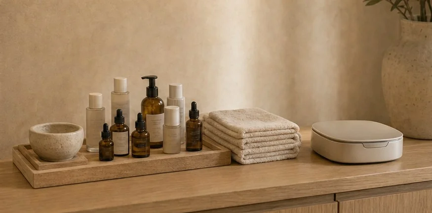 Prodotti cosmetici e asciugamani sul piano della cabina Aura Studio.