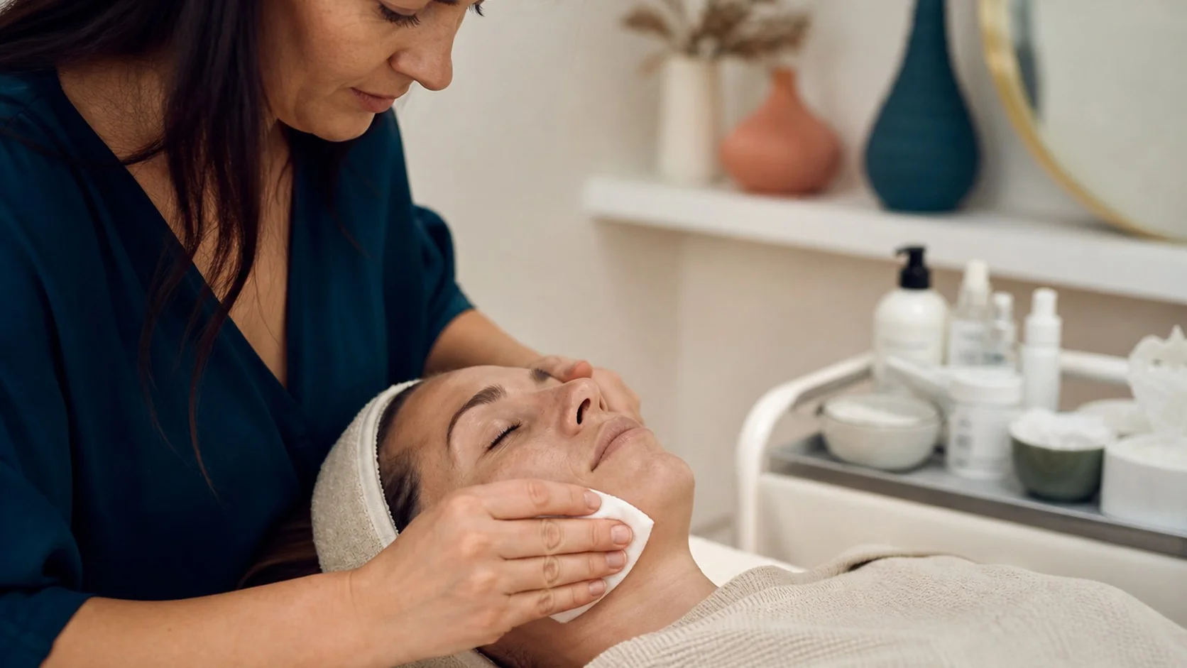 Professionista esegue una pulizia viso essenziale
