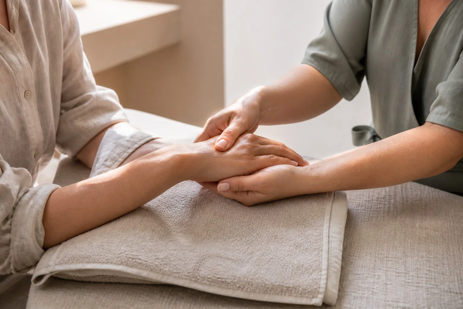 Trattamento manuale professionale su mano e polso di una cliente