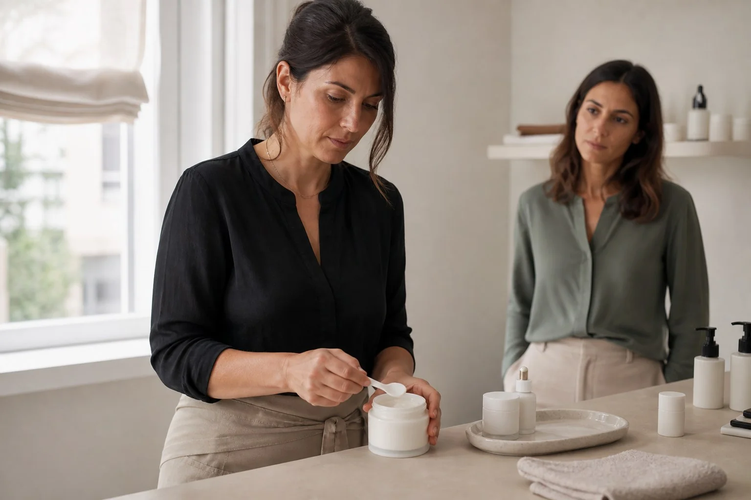 Professionista prepara una crema cosmetica mentre la cliente osserva