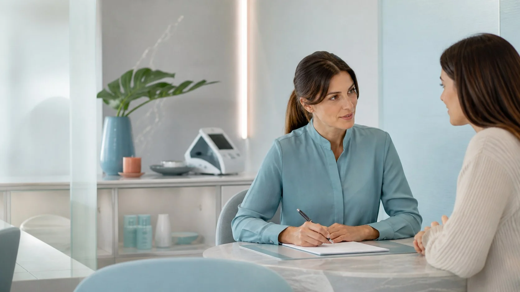 Professionista e cliente durante una consulenza estetica iniziale