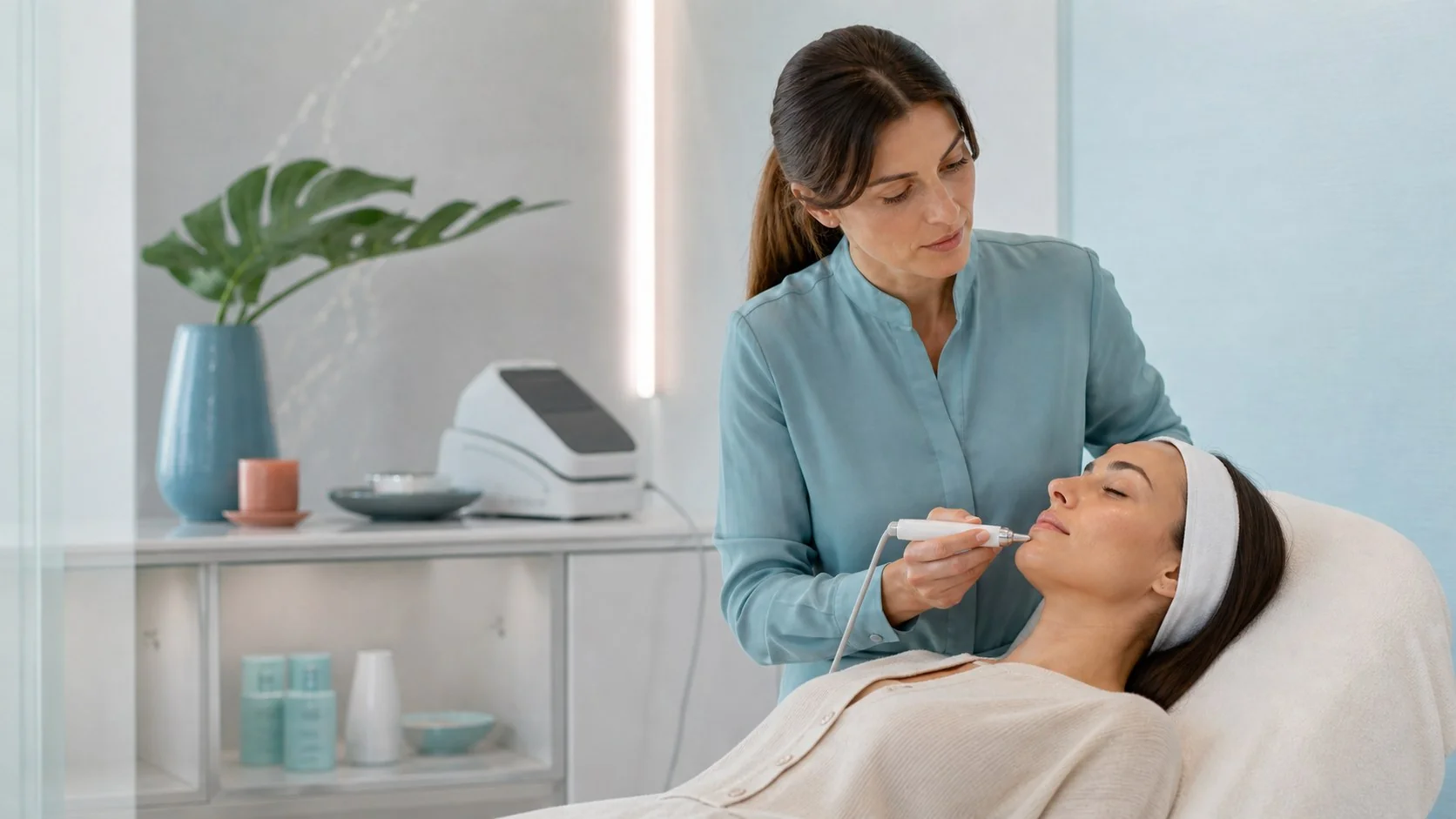 Professionista durante un trattamento estetico viso con tecnologia non invasiva