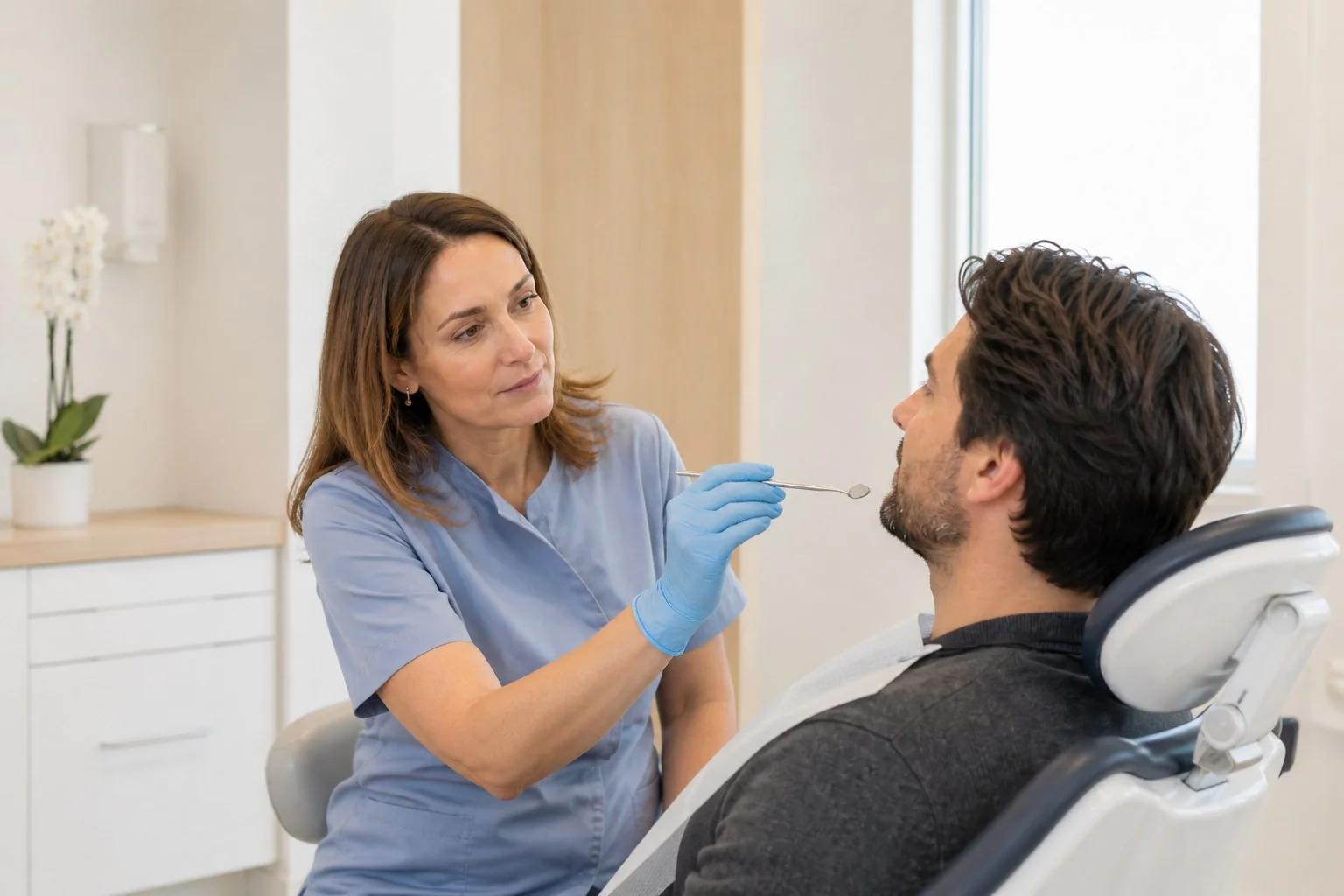 Odontoiatra durante un controllo visivo su un paziente
