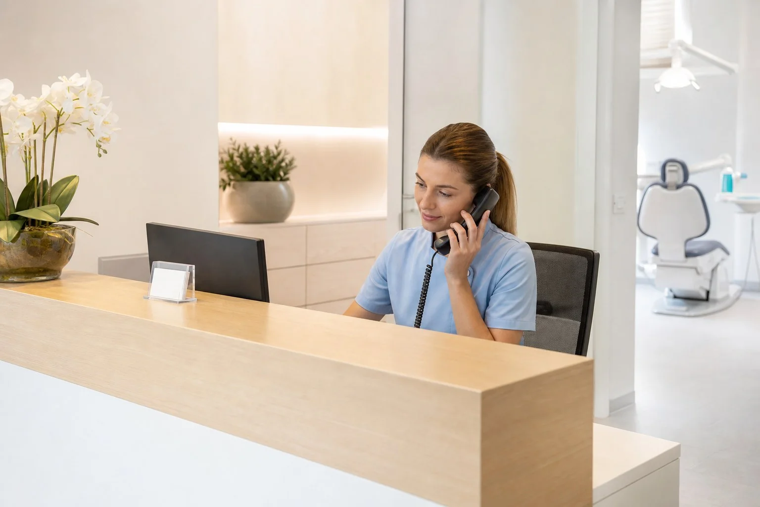 Assistente dello studio dentistico risponde al telefono dalla reception