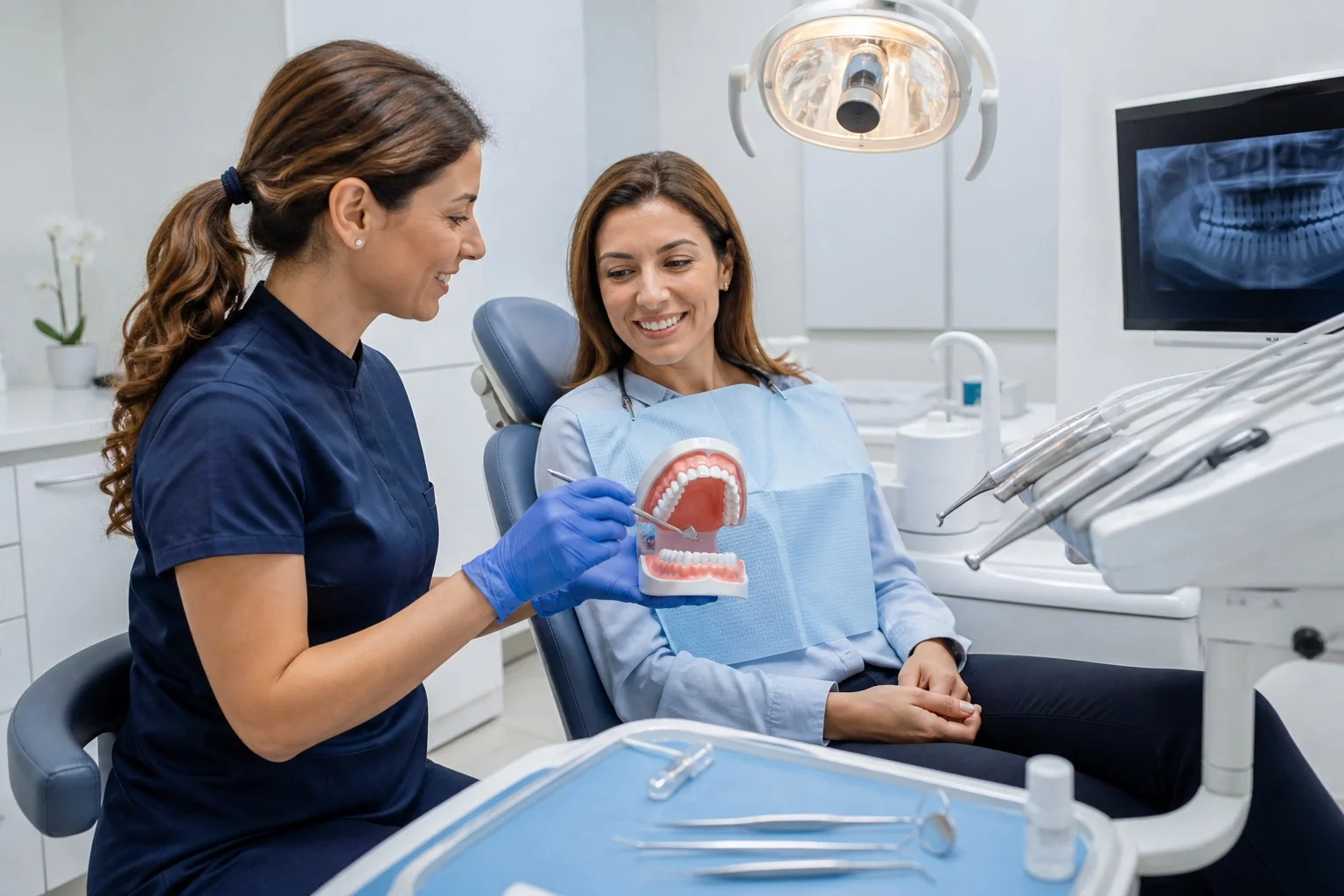 Igienista dentale spiega la prevenzione a una paziente sul riunito
