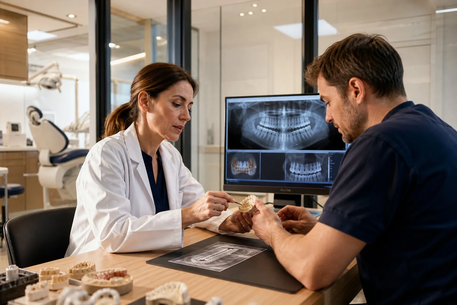 Odontoiatra che spiega una radiografia a una paziente