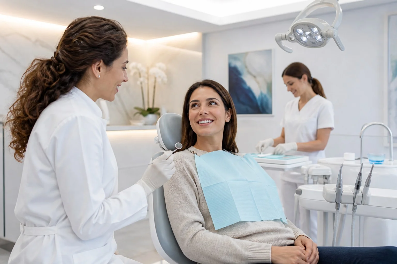 Dentista accoglie una paziente durante la prima visita sul riunito