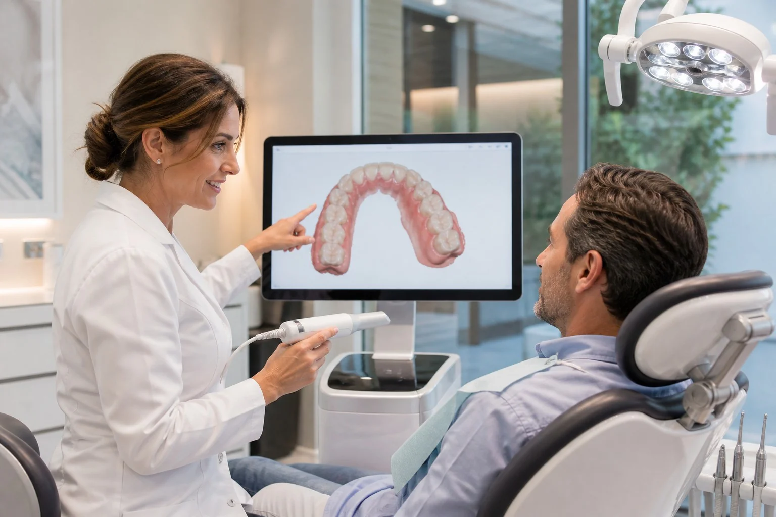 Dentista mostra al paziente una scansione digitale dell'arcata dentale