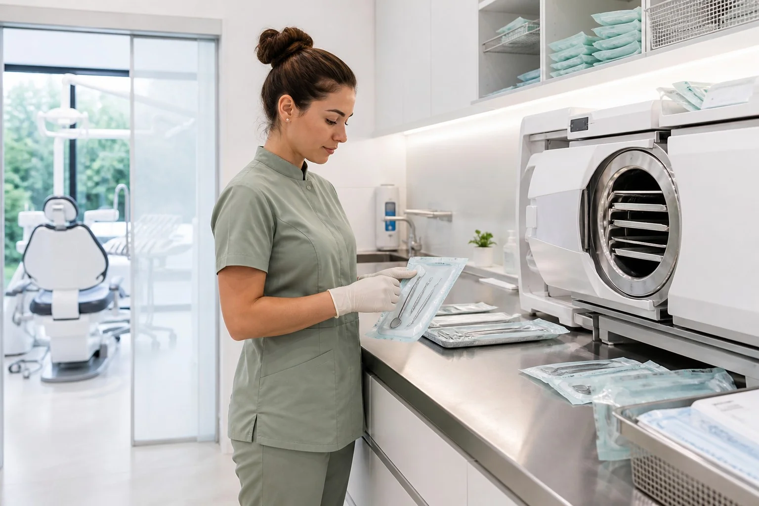 Assistente prepara strumenti sigillati nella sala di sterilizzazione