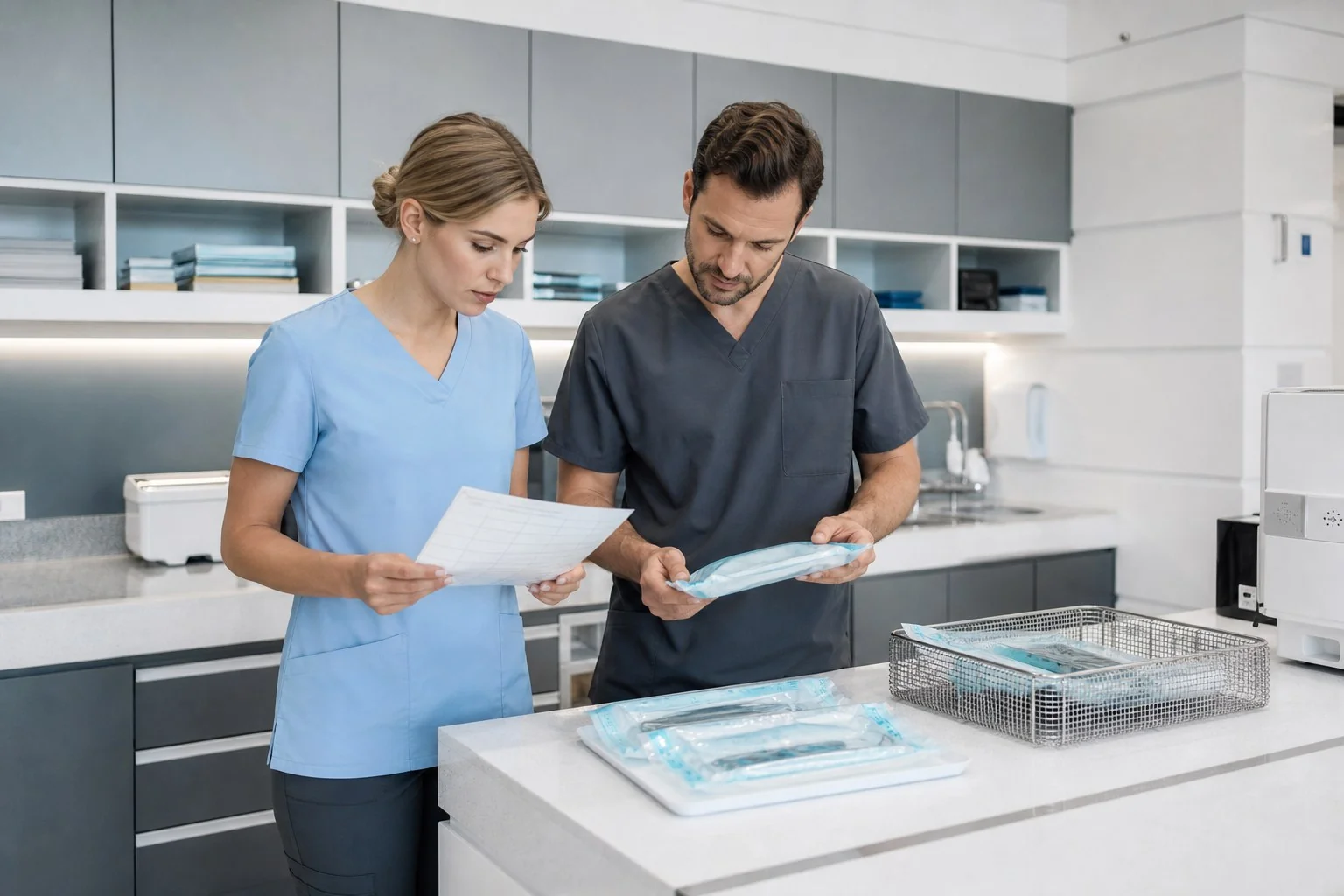 Due professionisti coordinano la preparazione degli strumenti sigillati