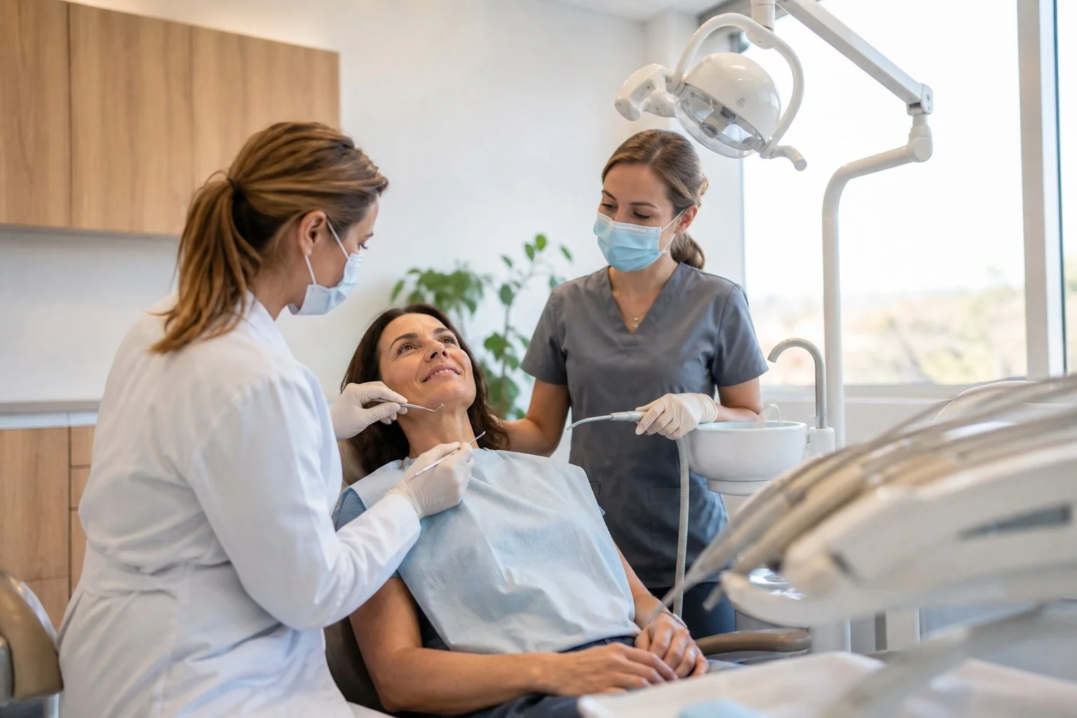 Dentista e assistente eseguono un controllo odontoiatrico a una paziente adulta