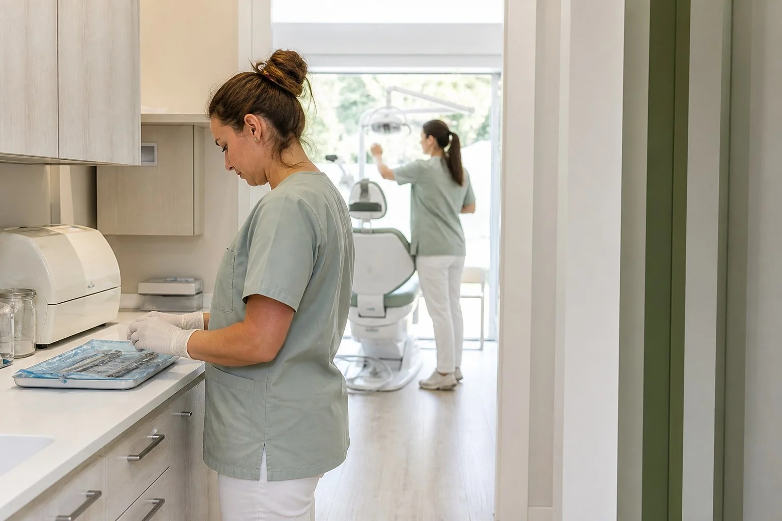 Assistenti preparano strumenti sigillati e riunito nello studio dentistico