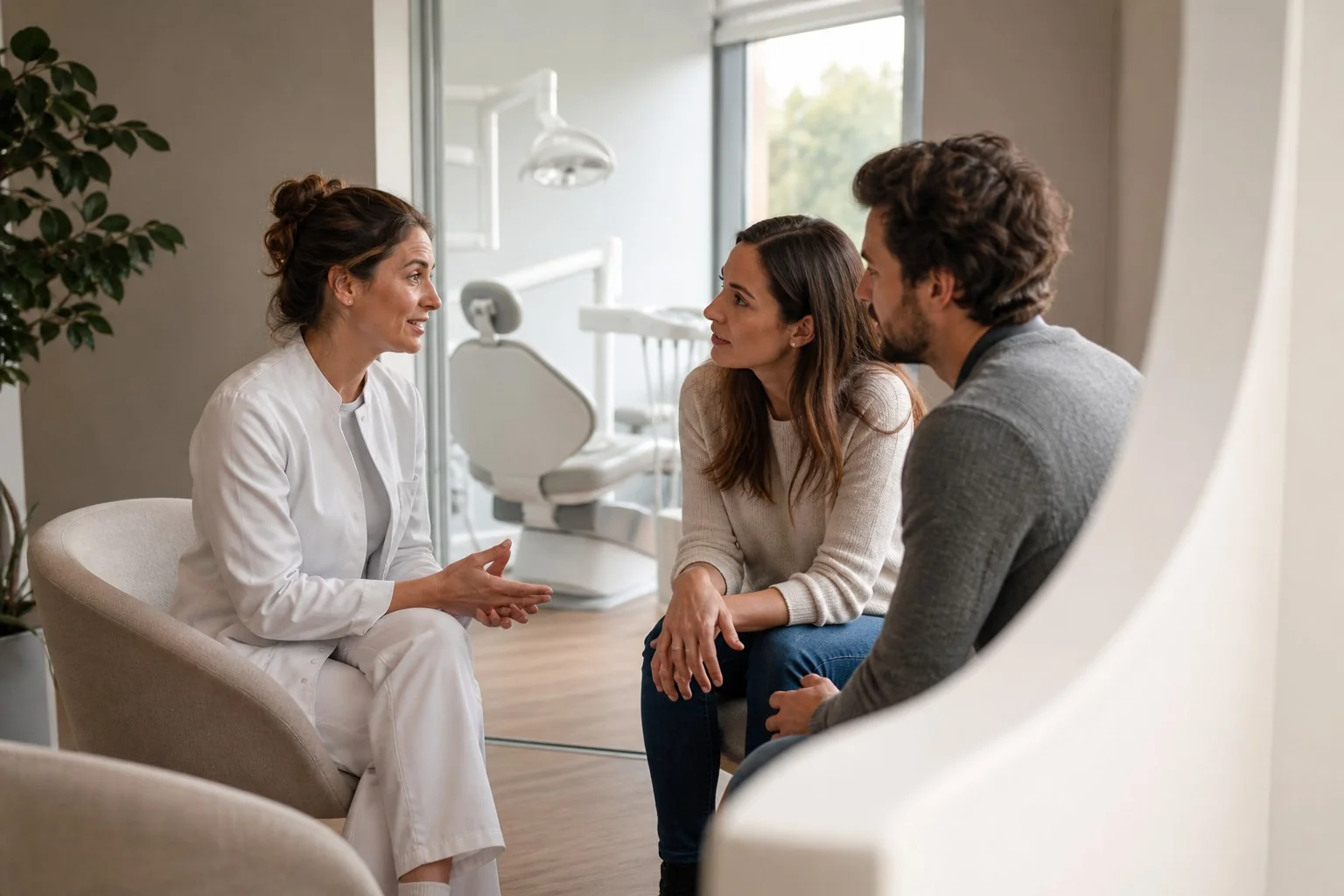 Dentista conversa con una coppia prima della visita, con il riunito sullo sfondo
