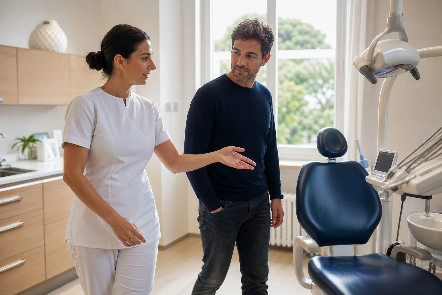 Dentista accompagna un paziente e gli mostra il riunito prima della visita