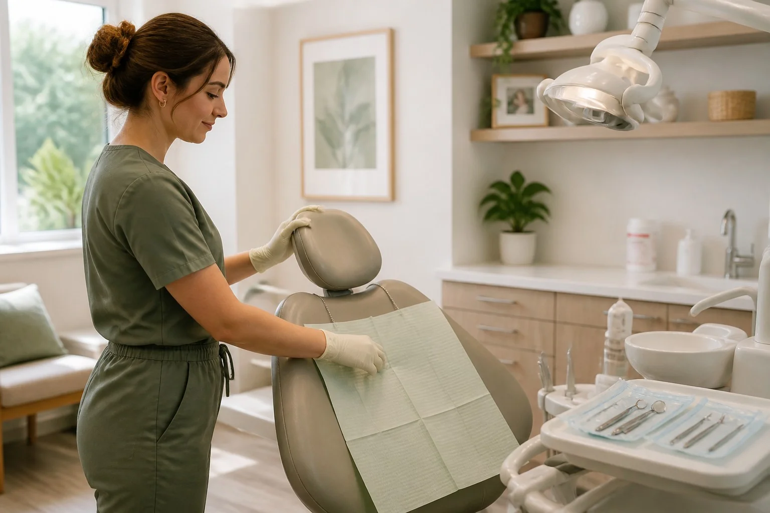 Assistente prepara il riunito e gli strumenti sigillati prima dell'appuntamento