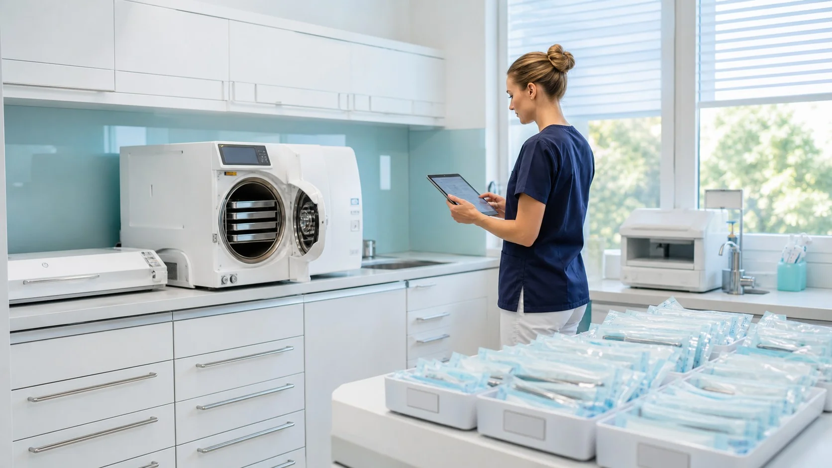 Assistente controlla il ciclo digitale accanto all'autoclave della sala di sterilizzazione