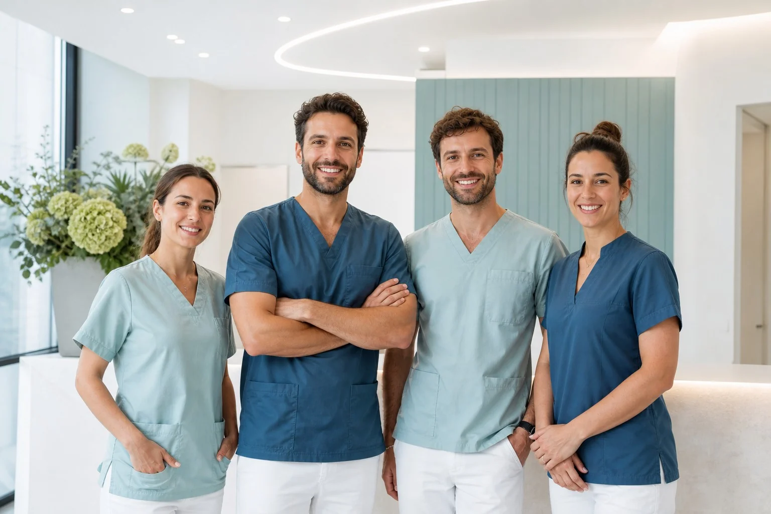 Équipe dimostrativa di quattro professionisti nella reception dello studio