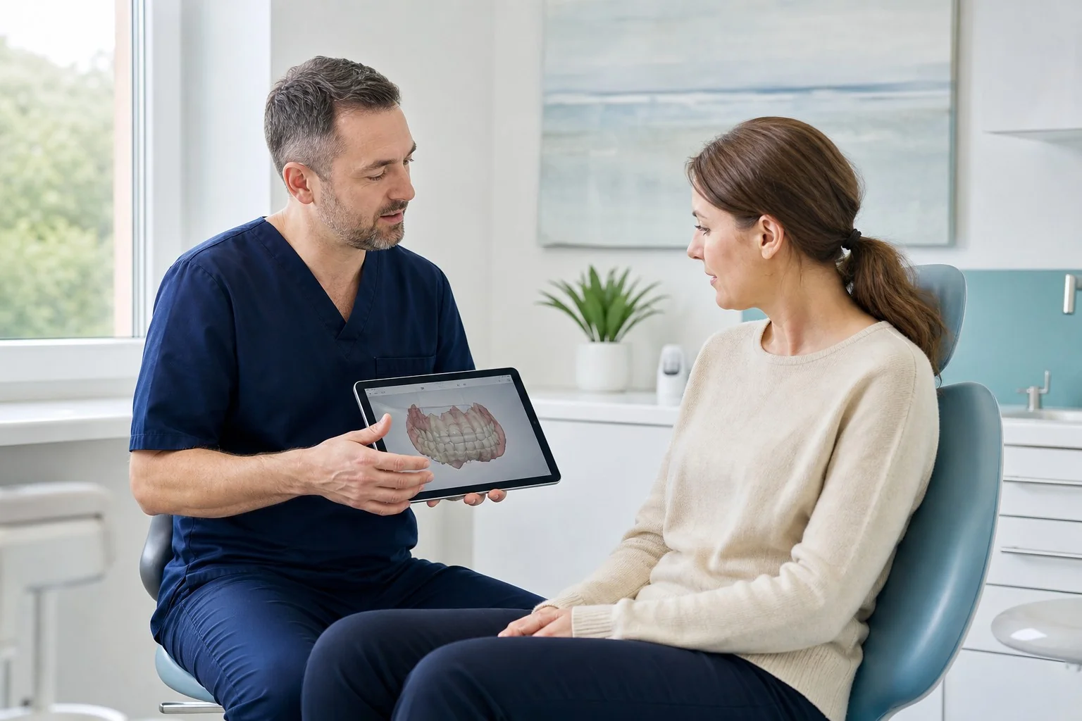 Dentista spiega alla paziente il percorso della prima visita usando un tablet