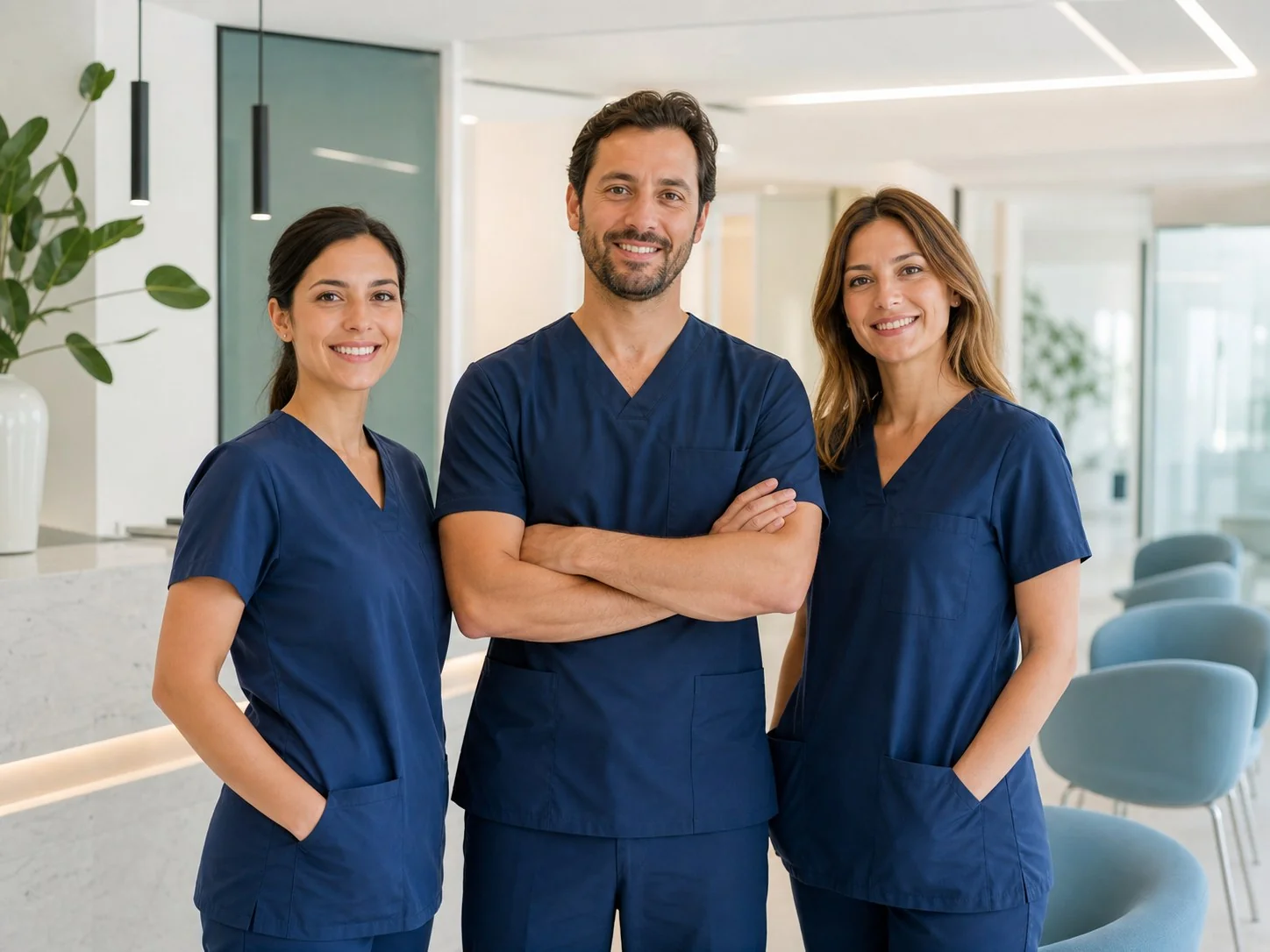 Équipe di tre professionisti nella reception moderna dello studio dentistico