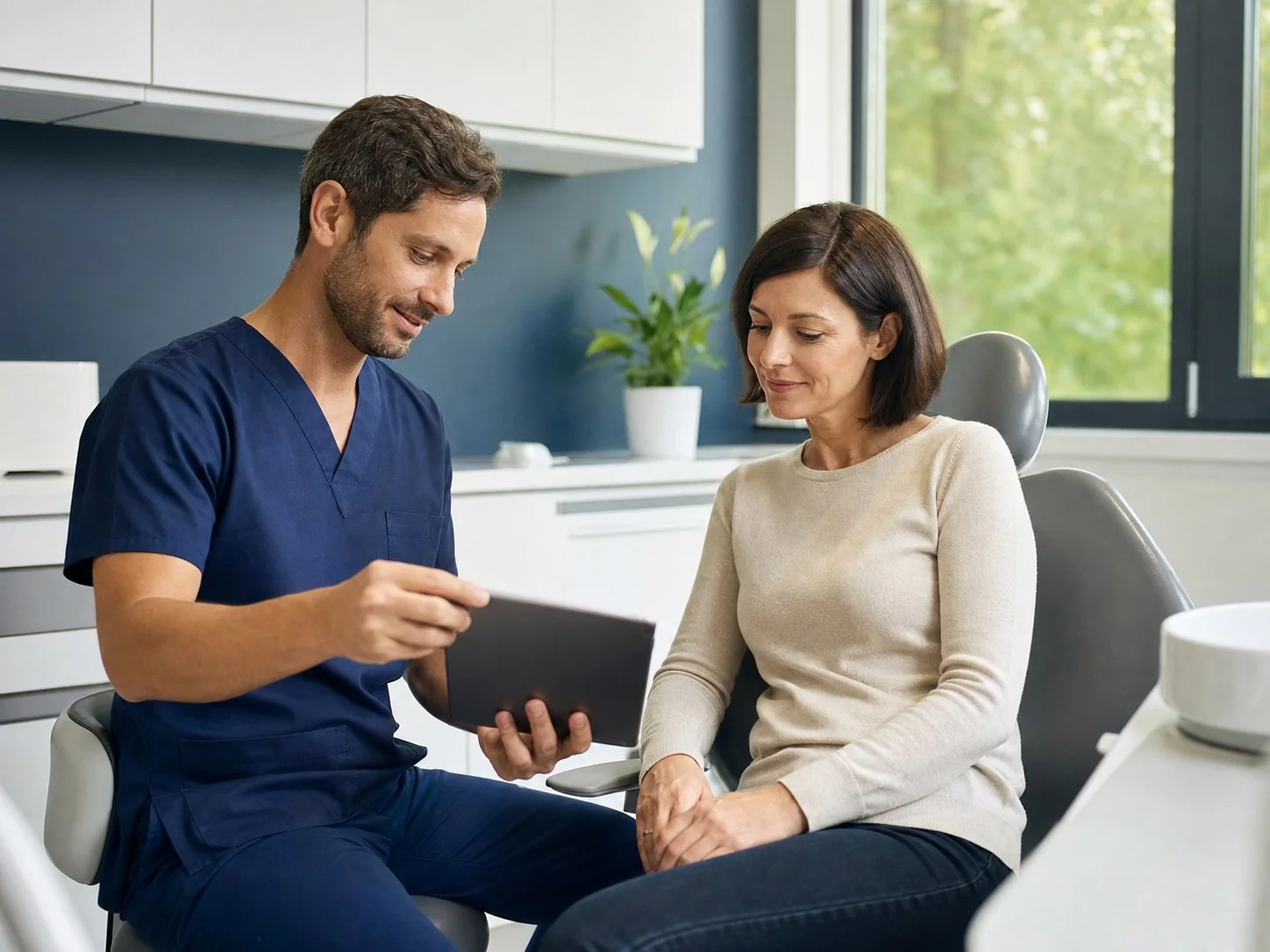 Dentista spiega alla paziente le fasi della prima visita usando un tablet