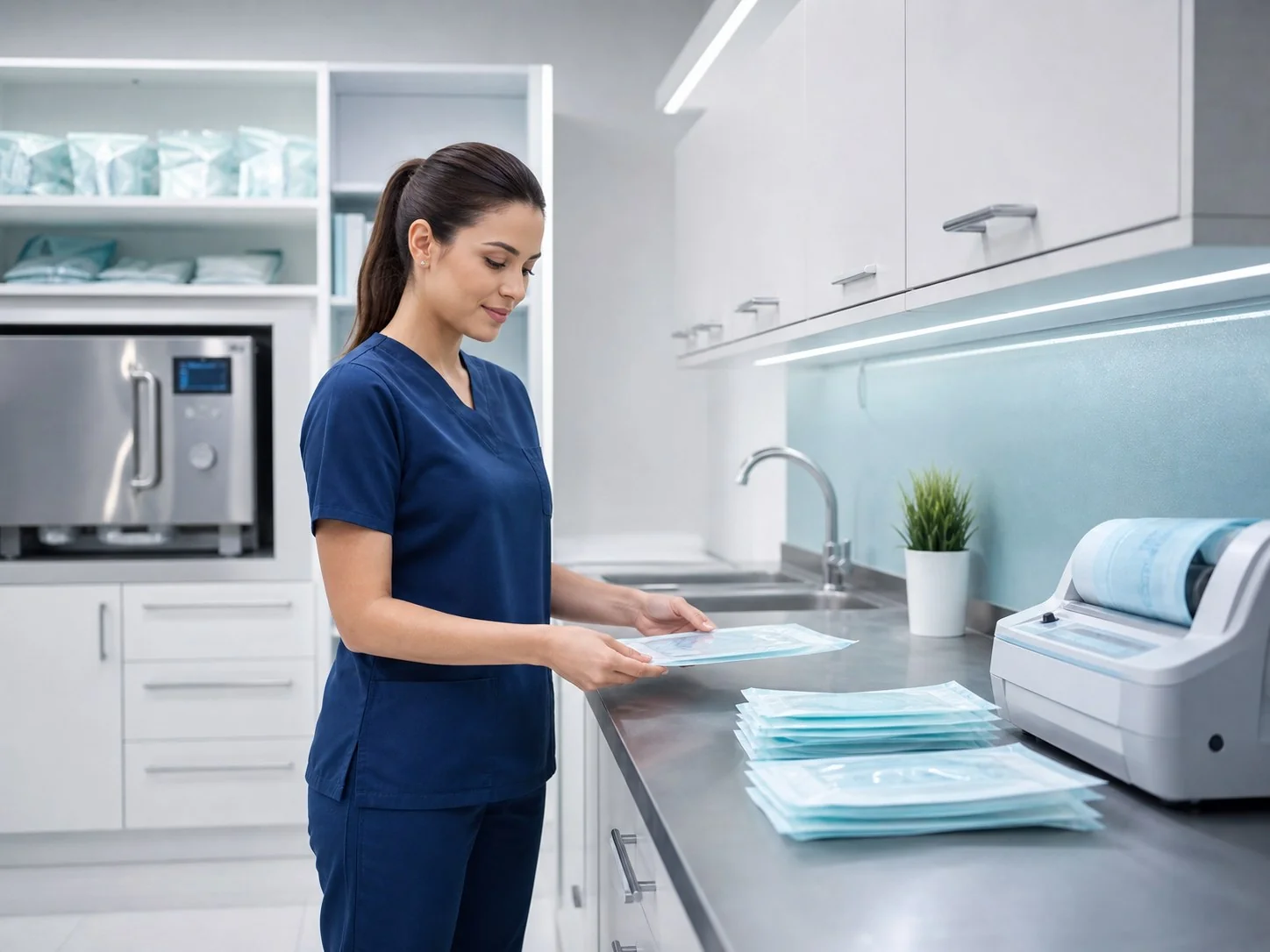 Assistente prepara confezioni sterili nella sala di sterilizzazione dello studio