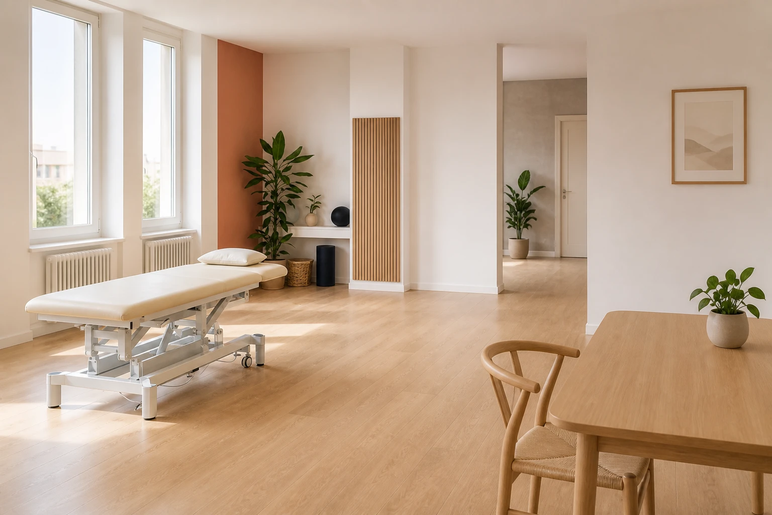 Studio di fisioterapia luminoso a Parma con lettino e spazio per il movimento