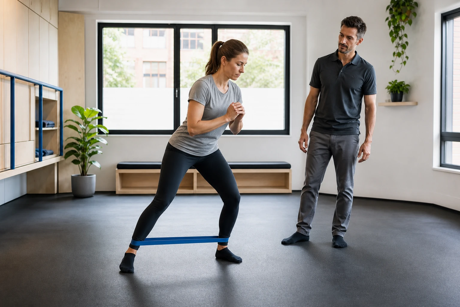 Matteo Serra guida una paziente in un esercizio terapeutico con elastico